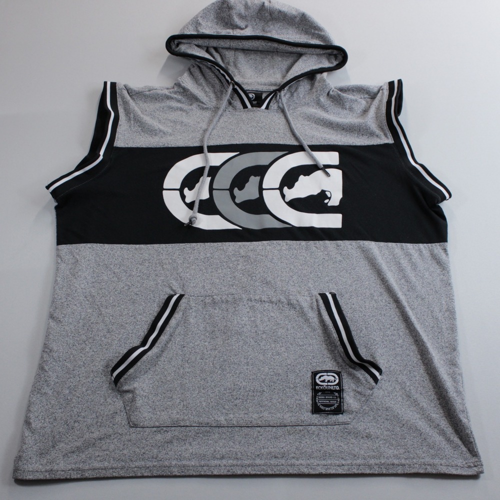 Ecko Unltd Mens Sleeveless Hoodie Gray Black Graphic Logo Vest 2XL Skater Street